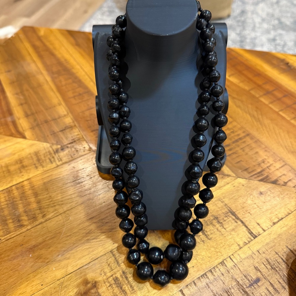 Gothic Mod Vintage Hong Kong Black Lucite Double Strand Bead Necklace